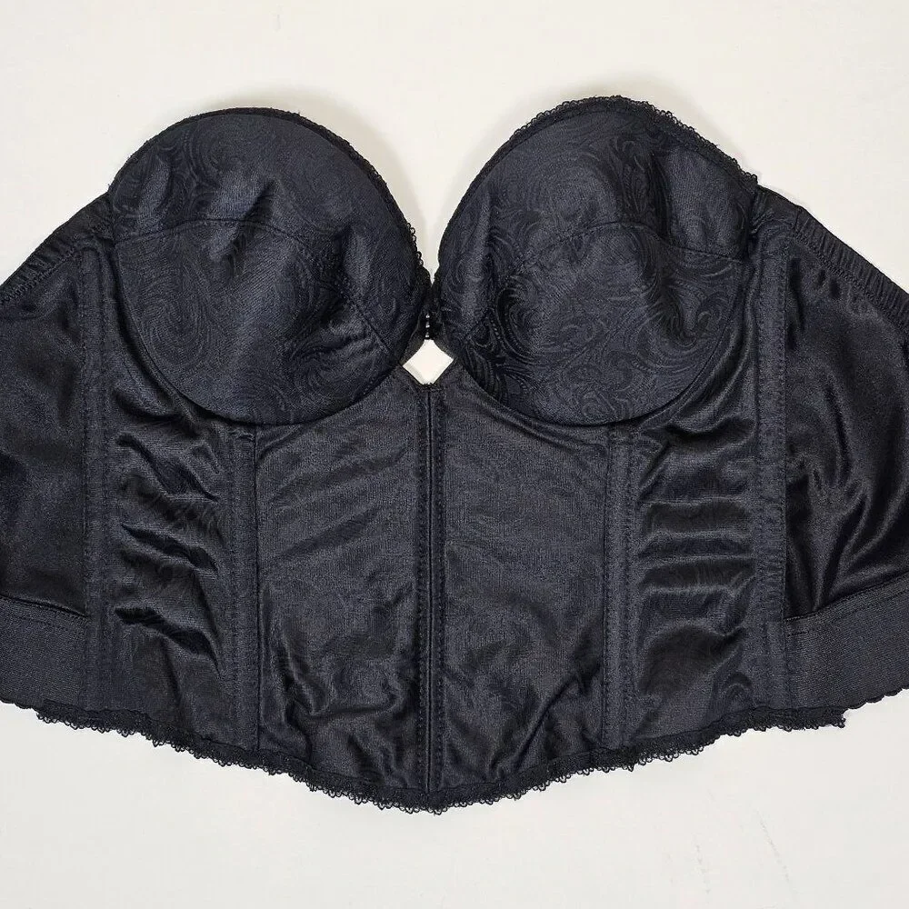 Vtg Sophistique By Smoothie Black Bustier Long Line Bra Boning‎ Floral Lace 36B